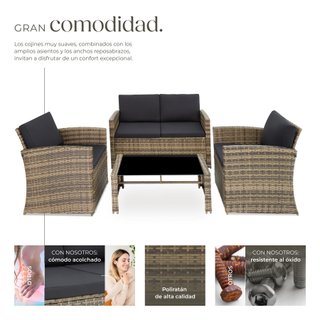 Conjunto de ratán para 4 personas y resistente, natural/gris oscuro