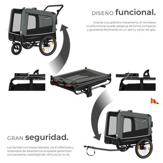 Remolque para perros incluye reflectores, correa y banderita gris
