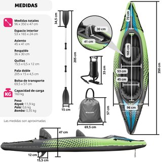 Kayak doble hinchable juego completo y bolsa de transporte, verde