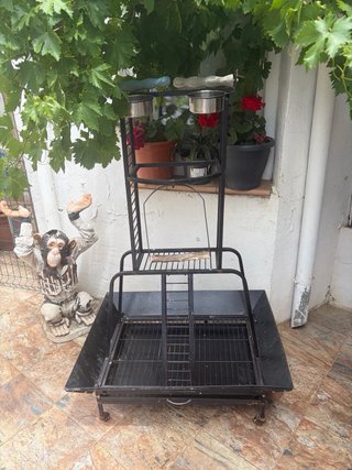 Percha para loros con comederos