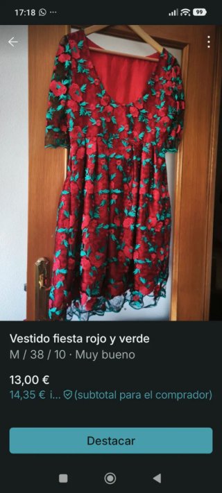 Vestido fiesta rojo y verde bordado
