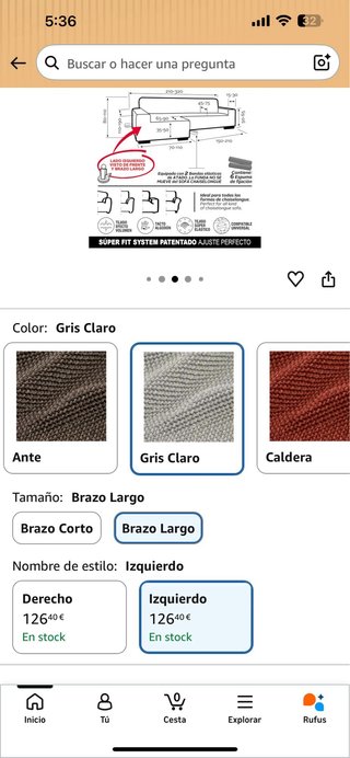 Funda Elástica Chaise Longue Brazo Largo Gris