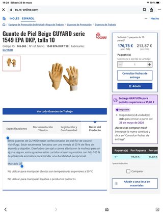 Lote 5 Pares Guantes Trabajo en Piel Talla 9