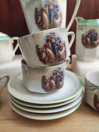 Juego de café porcelana verde y blanco