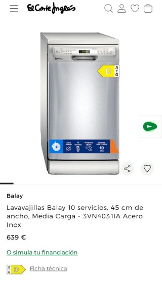 Lavavajillas Balay 45cm 10 servicios