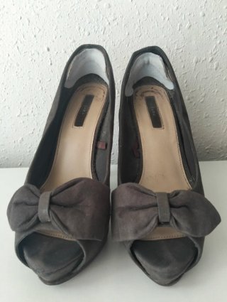 Zapatos Zara Tacón Peep Toe Lazo Gris
