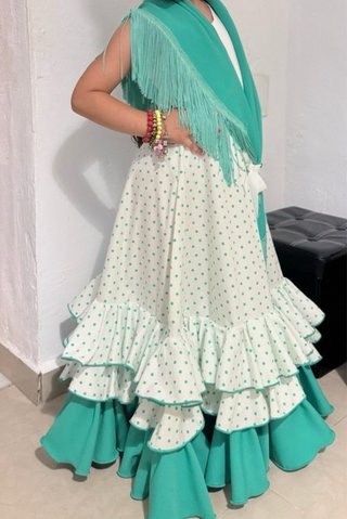 Vestido Flamenca Verde y Blanco Lunares