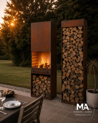 Barbacoa acero corten con leñero