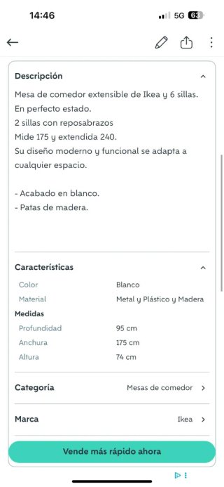 Mesa blanca y 6 sillas