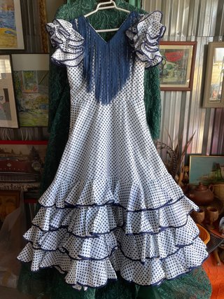 Vestido Flamenco Lunares Blanco y Azul