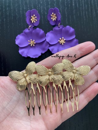 Lote pendientes morados y peinecillo oro