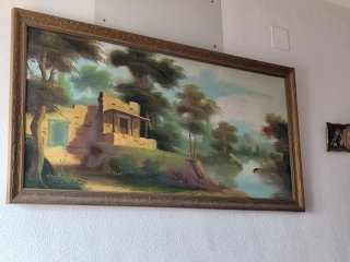 Cuadro paisaje río y casa rural
