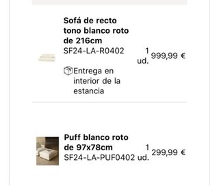 Sofá y puf blanco roto beige tela