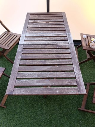 Conjunto mesa y sillas madera terraza