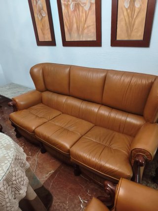 Sofá 3 plazas y 2 sillones piel caoba