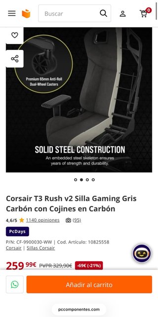 Silla Gamer Corsair T3 Rush v2 gris carbon