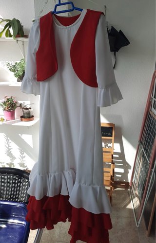 Vestido Flamenca niña Blanco con chaleco Rojo