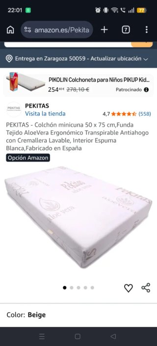 Colchón minicuna Pekitas 50x75cm Aloe Vera