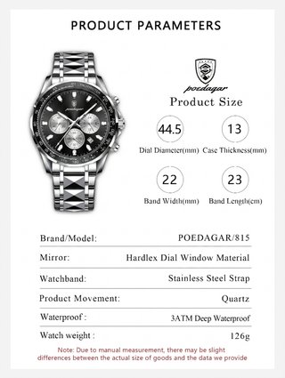 Reloj Negro Hombre Cronografo Cuarzo 44mm