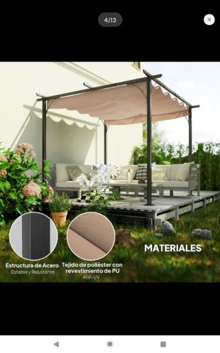 Pérgola Cenador Jardín 3x3 Techo Deslizante Gris