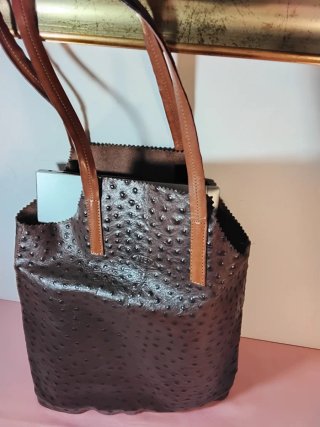 Shopper vera pelle stampa struzzo marrone