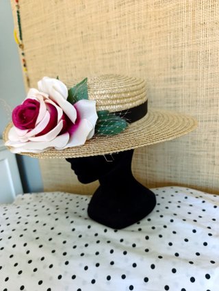 Sombrero Canotier Tocado Rosa y Blanco