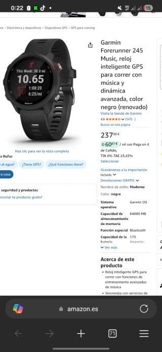 Reloj Garmin Forerunner 245 Music Negro