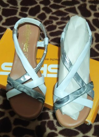 Sandalias Dospies Piel Talla 38 Plata Blanco