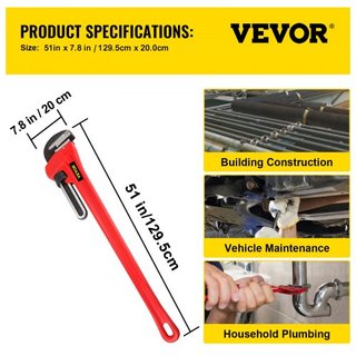 Llave de tubo, 51 pulgadas, llave de plomería recta de hierro fundido de alta resistencia, herramienta ajustable para plomero para reparación e instalación de fregaderos, grifos, inodoros, baños, ...