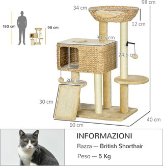Grattatoio per Gatti con Casetta, Piattaforma e Giocattolo a Forma di Palla, Albero per Gatti in Legno, Poliestere, Sisal e Cotone PP, 60X40X98 Cm, Marrone e Beige