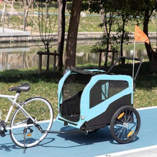 Remolque de Bicicleta para Perros 2 en 1 Con 2 Entradas y Bolsillos, Carrito para Perros 30Kg Máx en Acero y Tela Oxford, Azul