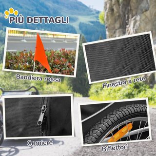 Remolque de Bicicleta para Perros de Tamaño Mediano con Ventanas Laterales y Bandera, Remolque para Bicicleta de Acero y Tela Oxford, 130X73X90 Cm