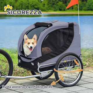 Remolque de Bicicleta para Perros de Tamaño Mediano con Ventanas Laterales y Bandera, Remolque para Bicicleta de Acero y Tela Oxford, 130X73X90 Cm