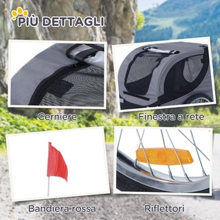 Remolque de Bicicleta para Perros de Tamaño Mediano con Ventanas Laterales y Bandera, Remolque para Bicicleta de Acero y Tela Oxford, 130X73X90 Cm