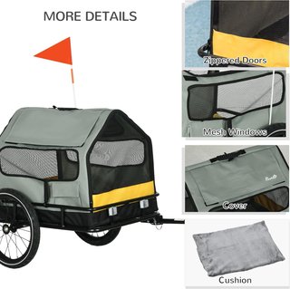Remolque para Perros 3 en 1 Con Casa para Perros, Remolque de Bicicleta Y Remolque para Perros de Tamaño Pequeño, Bandera Y Reflectores, Gris