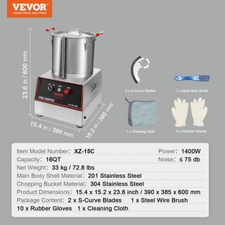 Procesador de Alimentos y Picadora de Verduras, 16 Cuartos, Procesador de Alimentos de Acero Inoxidable de Grado Alimenticio de 1400W con 2 Cuchillas en S Adicionales, Multifuncional para Picar Ve...