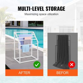 Soporte para Toallas, Soporte de Toallas de PVC para Exterior con 5 Barras, Soporte de Toallas de Piscina Independiente con Clips, Bolsa y Gancho, Organizador de Secado de Colchas para Interior y ...