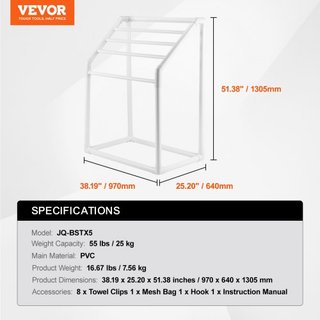 Soporte para Toallas, Soporte de Toallas de PVC para Exterior con 5 Barras, Soporte de Toallas de Piscina Independiente con Clips, Bolsa y Gancho, Organizador de Secado de Colchas para Interior y ...