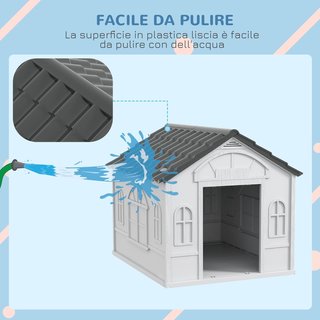 Caseta para Perros de Tamaño Mediano y Pequeño con Techo Inclinado y Puerta de Entrada, Casa para Perros en PP Impermeable, 65X75.7X63 Cm, Gris
