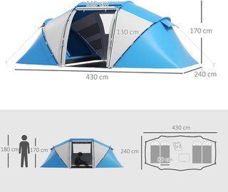 Tienda De Camping 4 Personas Con 2 Zonas De Noche Y Bolsa De Transporte, 430×240×170 Cm, Blanco Y Azul