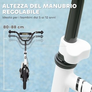 Patinete para Niños de 5-12 Años con Ruedas Grandes de 30Cm y Manillar Ajustable, Scooter para Niños de Acero con Freno Trasero, Caballete, Blanco y Negro
