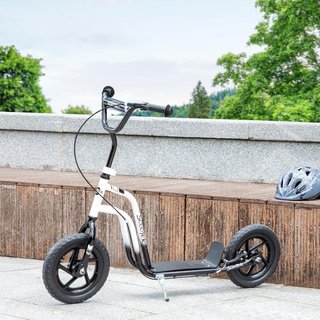 Patinete para Niños de 5-12 Años con Ruedas Grandes de 30Cm y Manillar Ajustable, Scooter para Niños de Acero con Freno Trasero, Caballete, Blanco y Negro