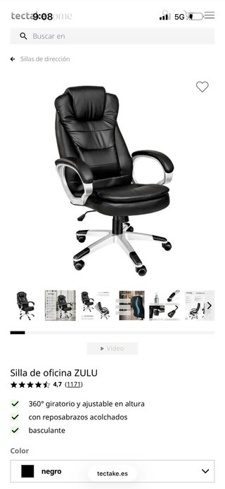 Silla de oficina tectake ZULU Negra