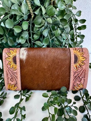 Cartera Artesanal Cuero Flores y Pelo