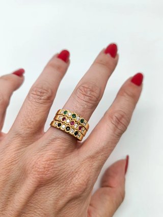 Anillo Triple oro 18k circonitas colores y blancas