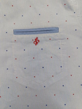 Camisa Di Bye Rayas Finas y Puntos Rojos Talla S