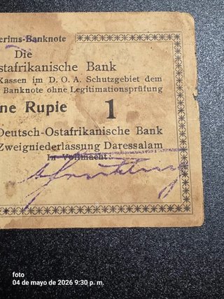 Billete de 1 rupia de África Oriental Alemana.