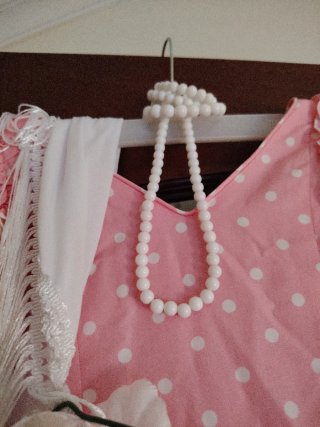 Traje gitana corto, rosa  lunares blancos, talla 6