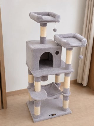 Albero per gatti grigio con amaca e graffiatoi