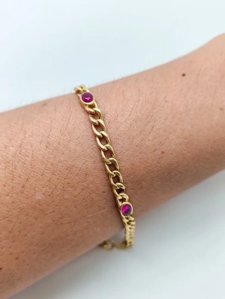 Pulsera Oro 18kt Eslabones Ovales y Piedras Rojas
